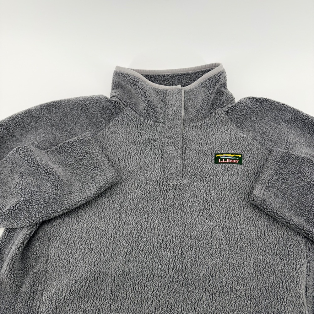 LL Bean Hi-Pile Fleece Pullover Snap Neck Sherpa Jacket Gray Large 518489